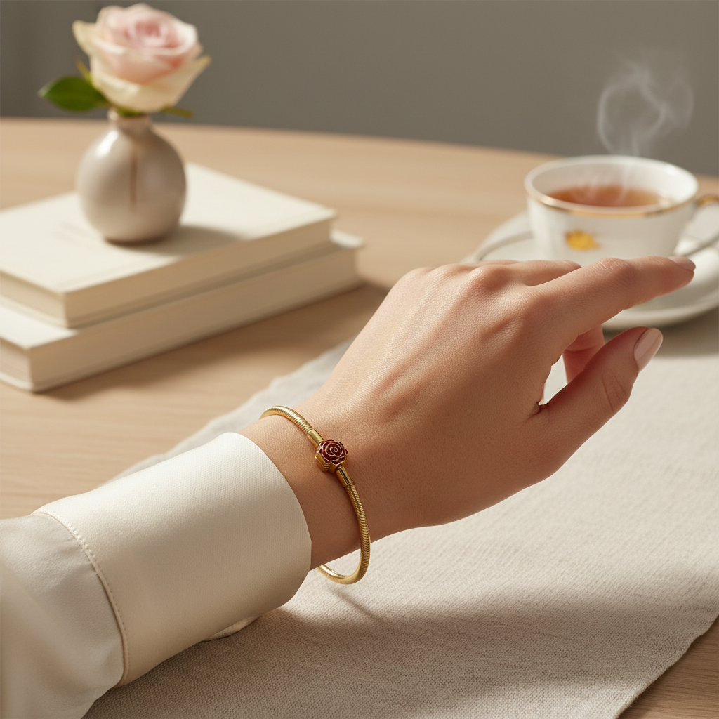 Disney x Pandora Enchanted Rose Bracelet worn on wrist – lifestyle editorial