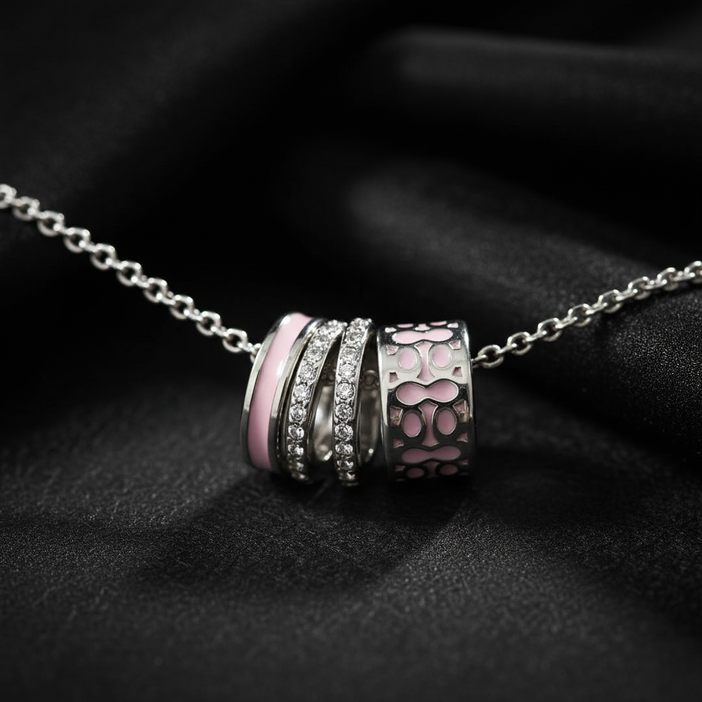 Coach Pink Signature Enamel Necklace moody close-up detail shot