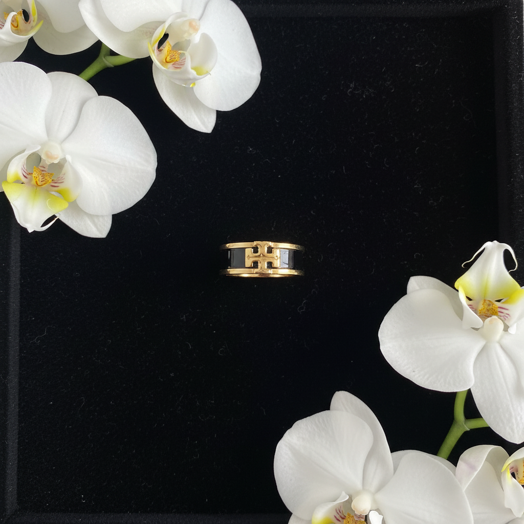 Tory Burch Kira Black & Gold Enamel Ring - black velvet tray