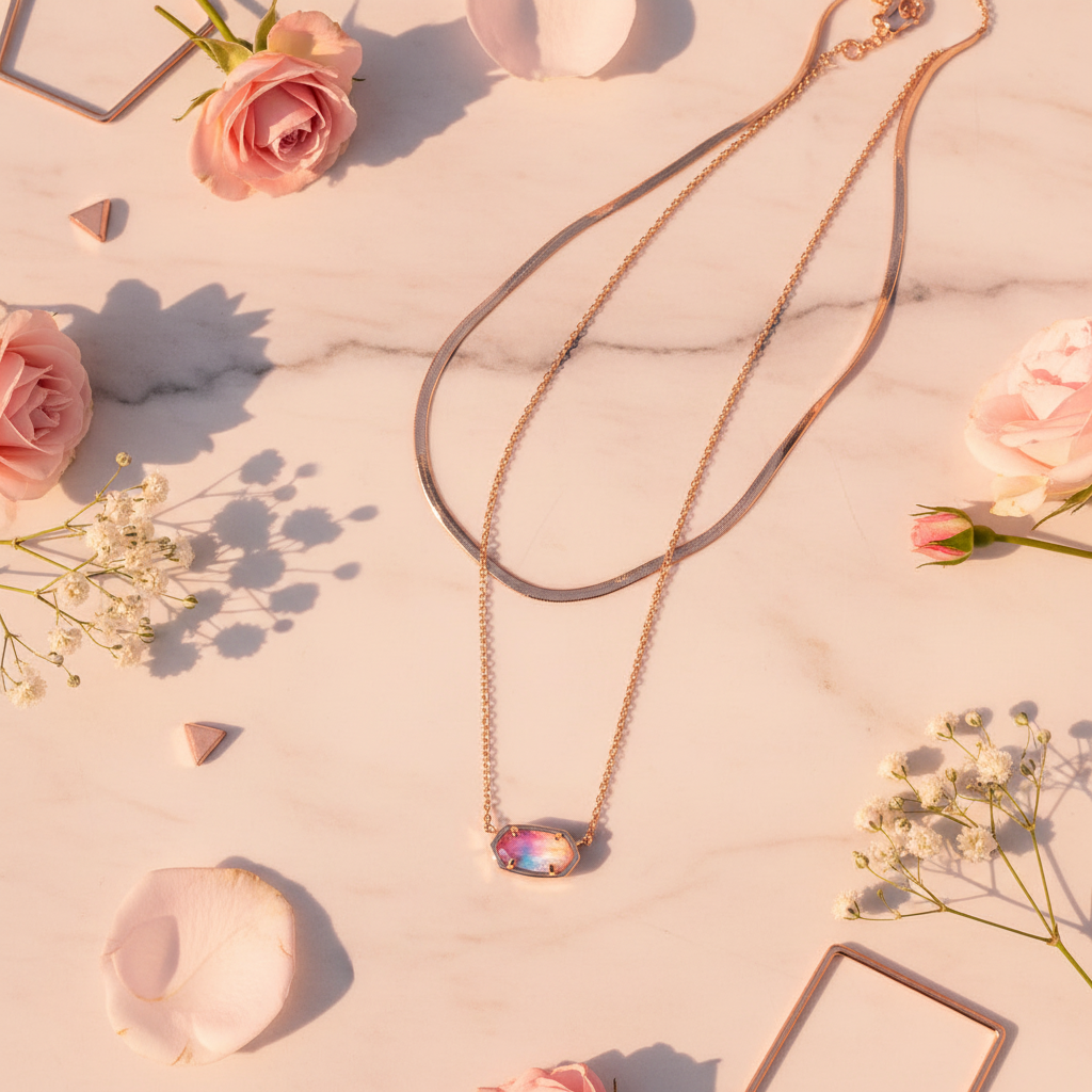 Kendra Scott Elisa Rose Gold Double Layer Pendant Necklace - blush marble styled