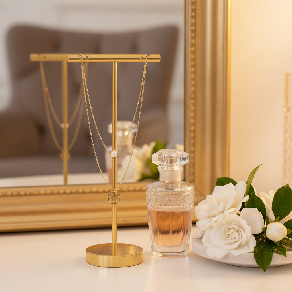 Tory Burch Britten Layered Necklace on gold jewelry stand with gardenias