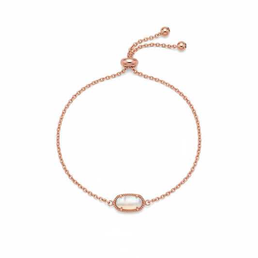 Kendra Scott Elaina Rose Gold Adjustable Chain Bracelet in Ivory Mother of Pearl - clean white background flat lay