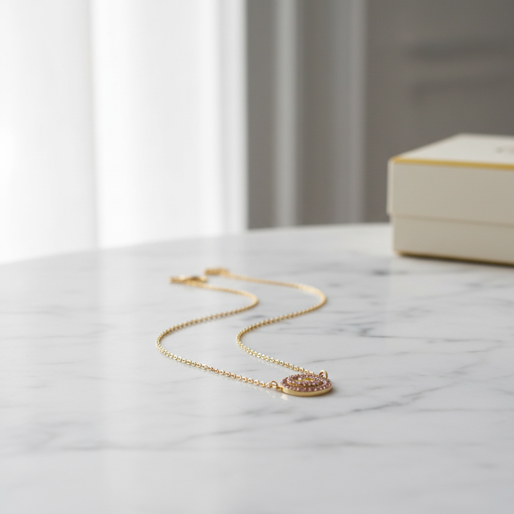 Tory Burch Miller Pink Pave Pendant Necklace on marble surface, editorial lifestyle shot