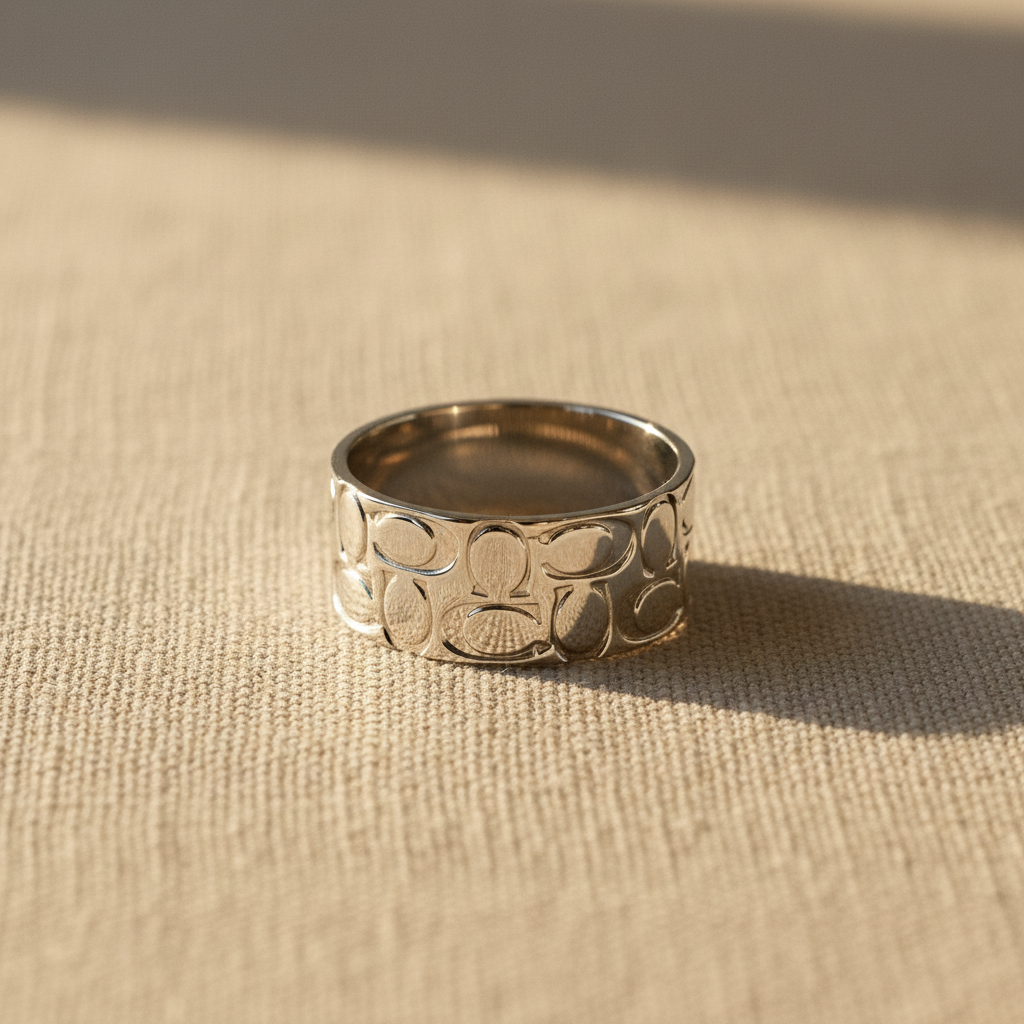 Coach Signature C Silver Plated Statement Band Ring linen close-up