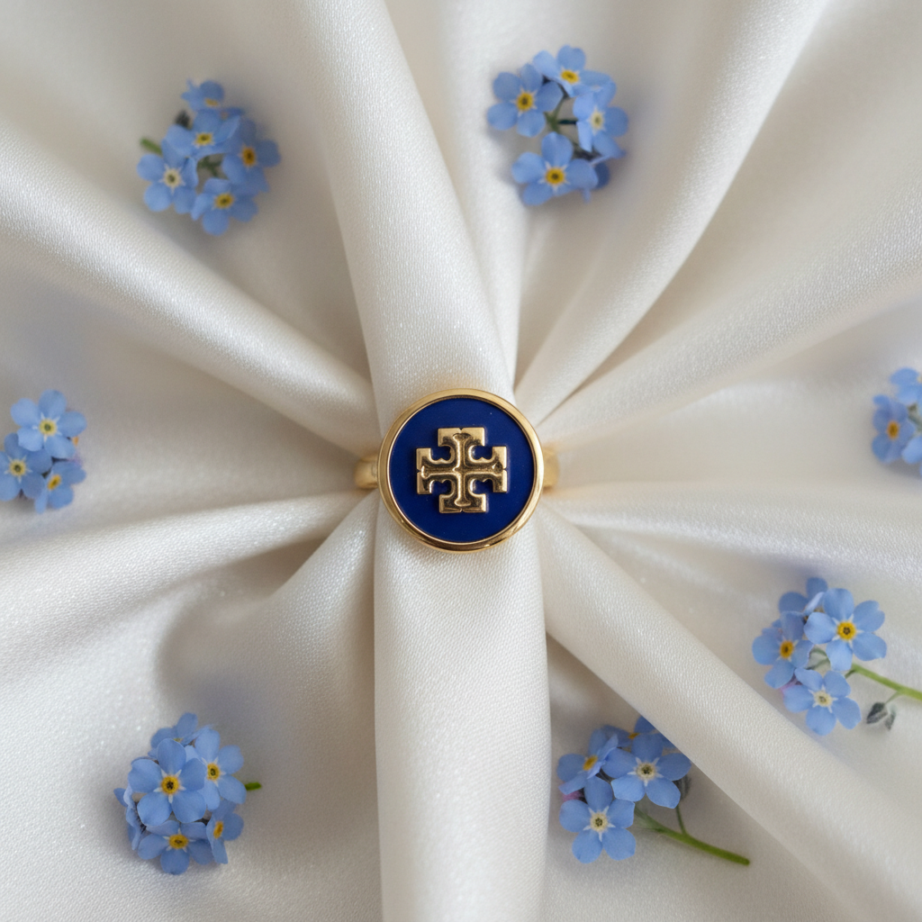 Tory Burch Gold & Blue Lapis Lazuli Ring - ivory silk flat lay