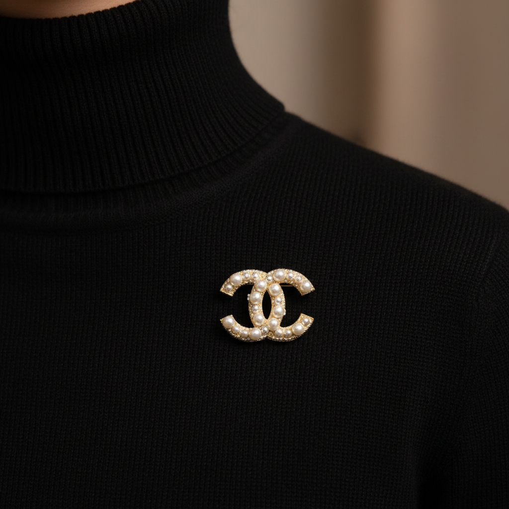 Chanel CC Logo Pearl Brooch - On Black Turtleneck