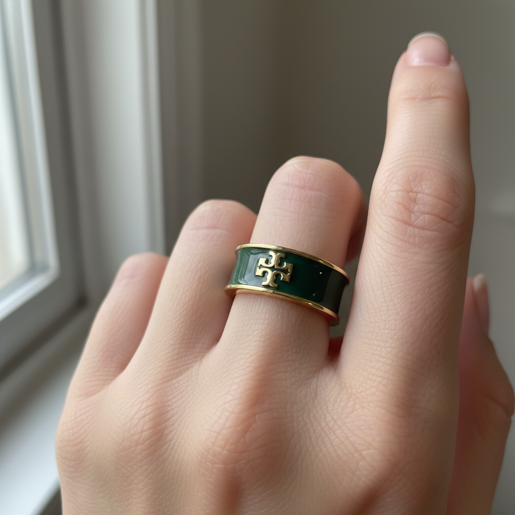 Tory Burch Kira Green & Gold Enamel Ring - on model
