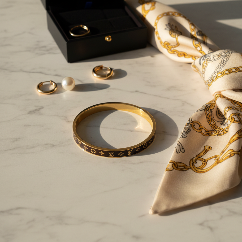 Louis Vuitton Nanogram Bracelet marble flat lay