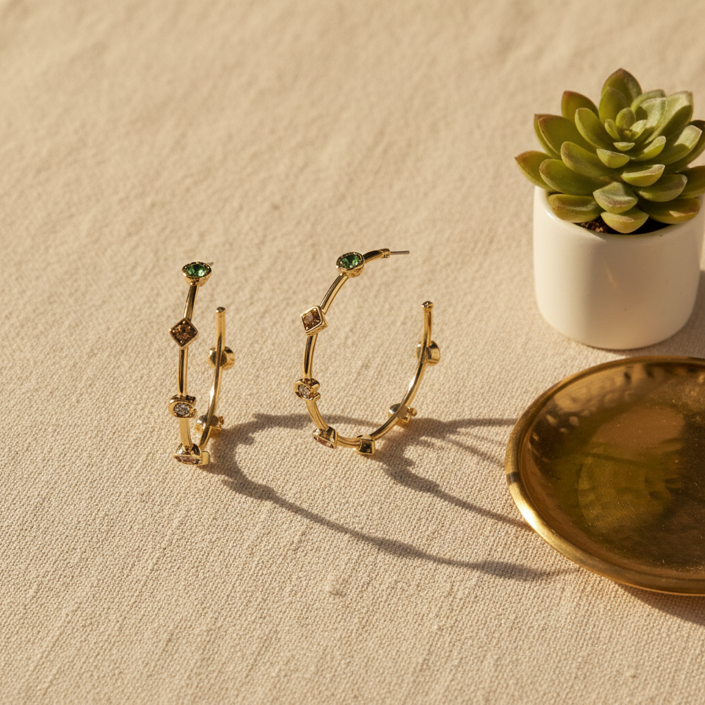 Coach Signature Gem Hoop Earrings lifestyle - linen flat lay