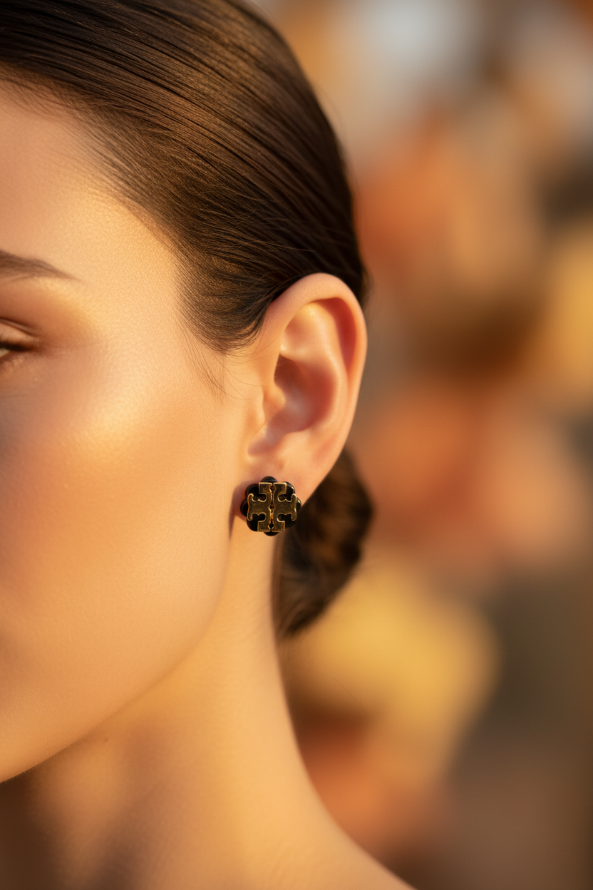 Tory Burch Logo Flower Resin Stud Earrings worn on model's ear, editorial close-up