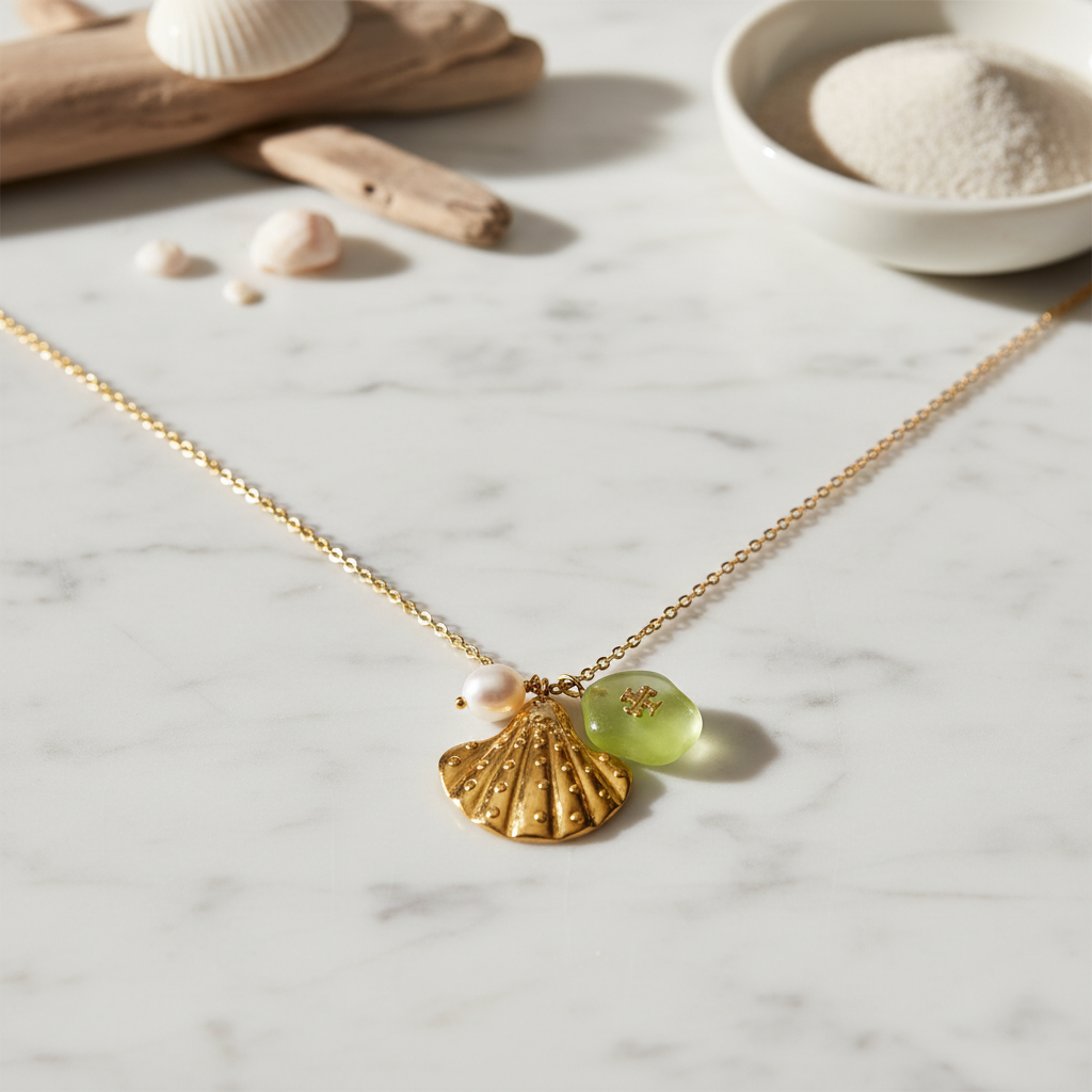 Tory Burch Sea of Dreams Shell Pendant Necklace Green - marble surface