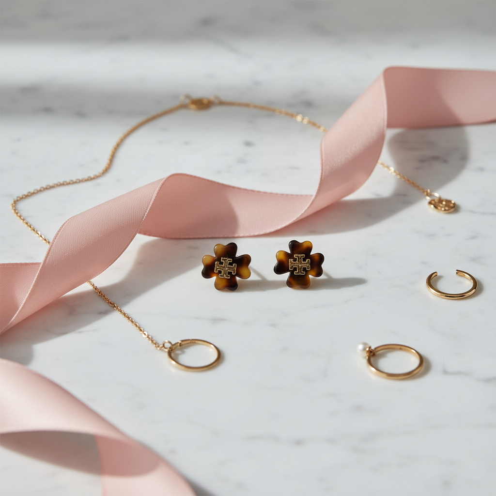 Tory Burch Kira Flower Stud Earrings in Tortoiseshell - marble flat lay with silk ribbon