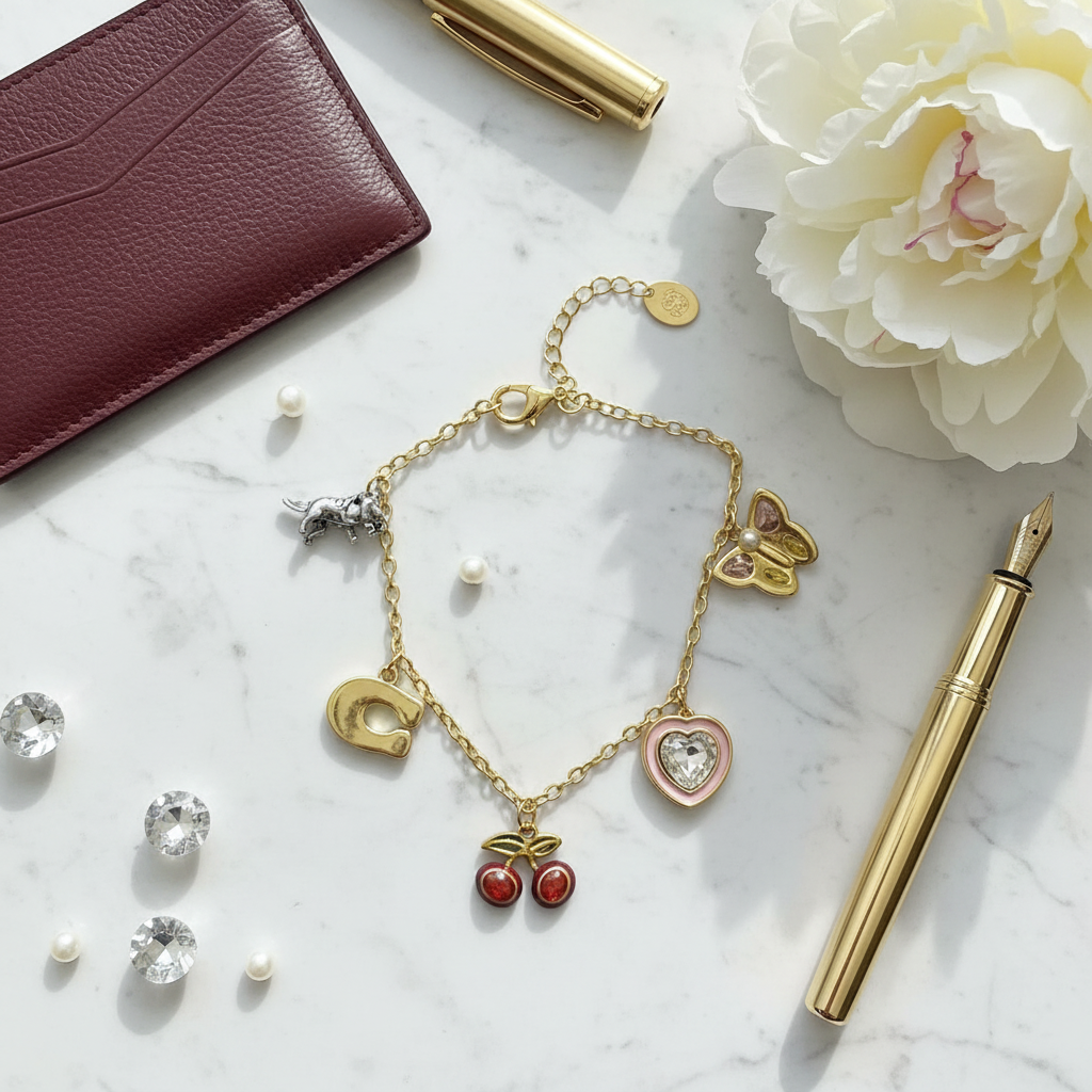 Coach Cherry Mixed Charm Bracelet - White Marble Flat Lay