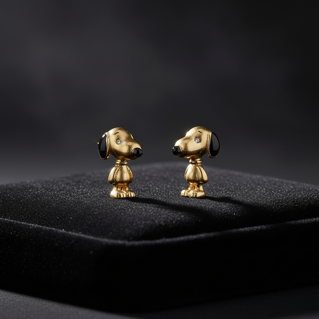 Coach x Peanuts Snoopy Gold Stud Earrings moody close-up 3D gold detail
