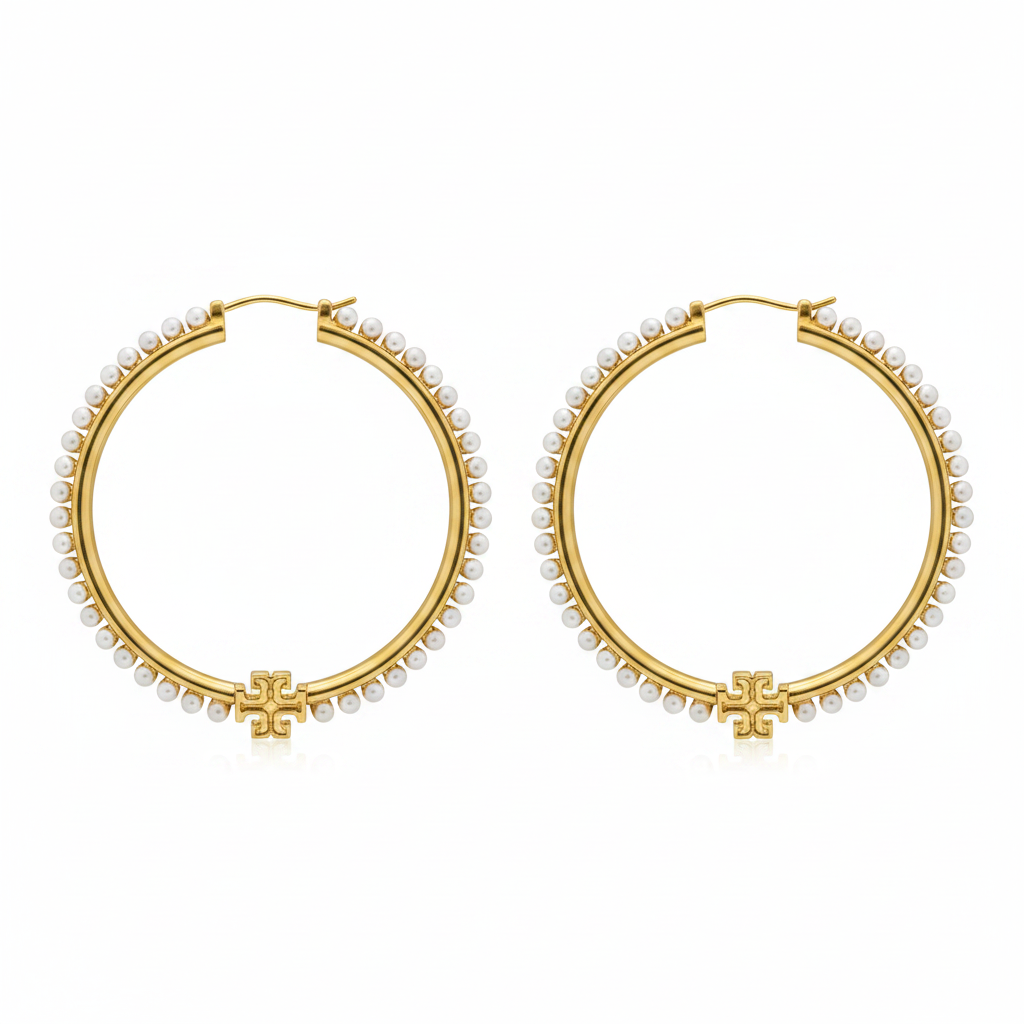 Tory Burch Logo Pearl Hoop Earrings Large – clean product shot