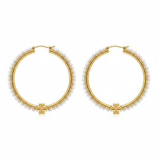 Tory Burch Logo Pearl Hoop Earrings Large – clean product shot