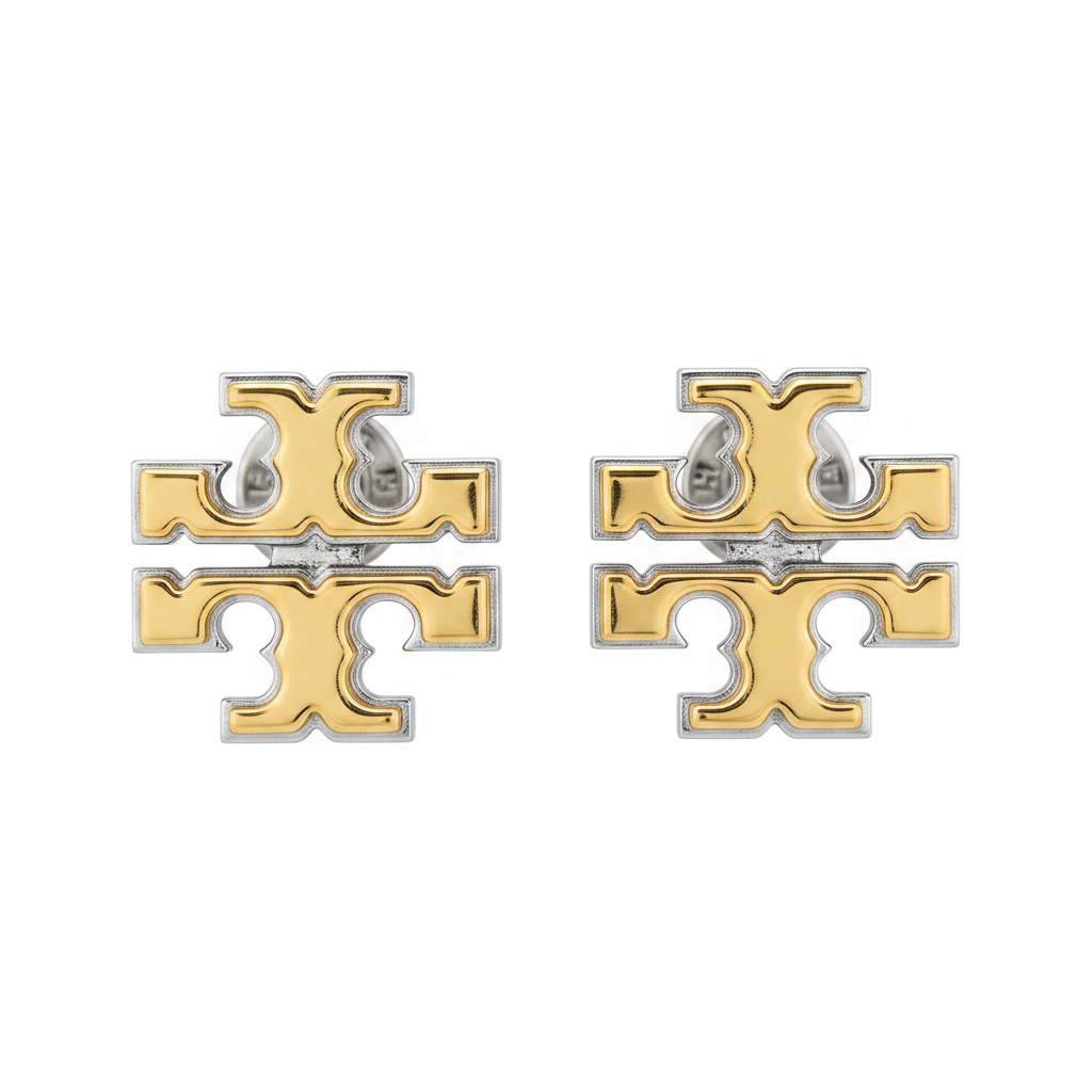 Tory Burch Two-Tone Logo Stud Earrings in Vintage Gold/Silver - clean product shot