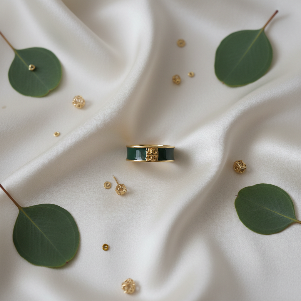 Tory Burch Kira Green & Gold Enamel Ring - ivory silk flat lay