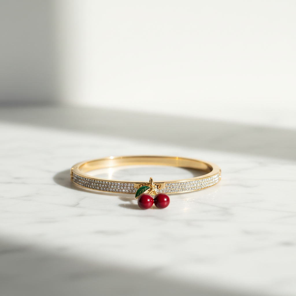 Coach Cherry Charm Bangle on marble surface