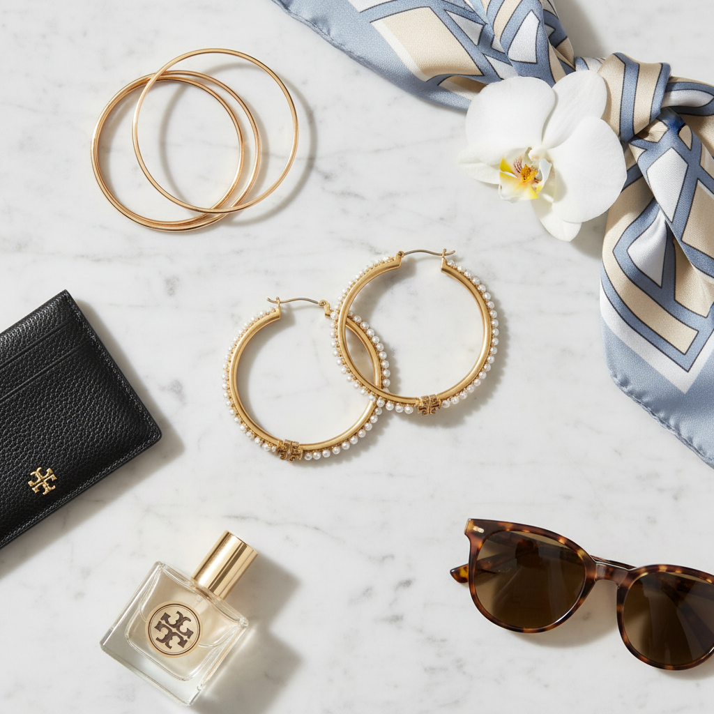 Tory Burch Logo Pearl Hoop Earrings Large – marble flat lay lifestyle