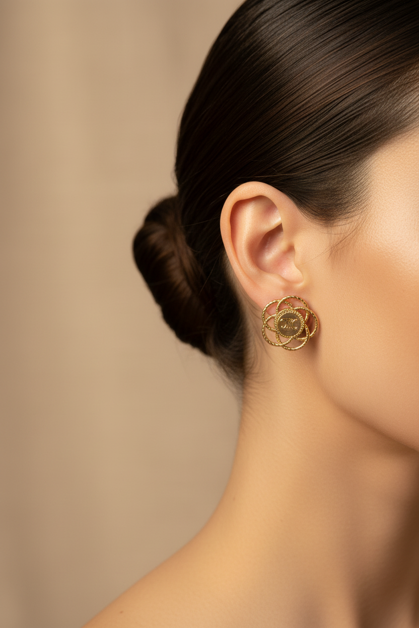 Celine Triomphe Brass Over Gold Floral Stud Earrings worn on ear
