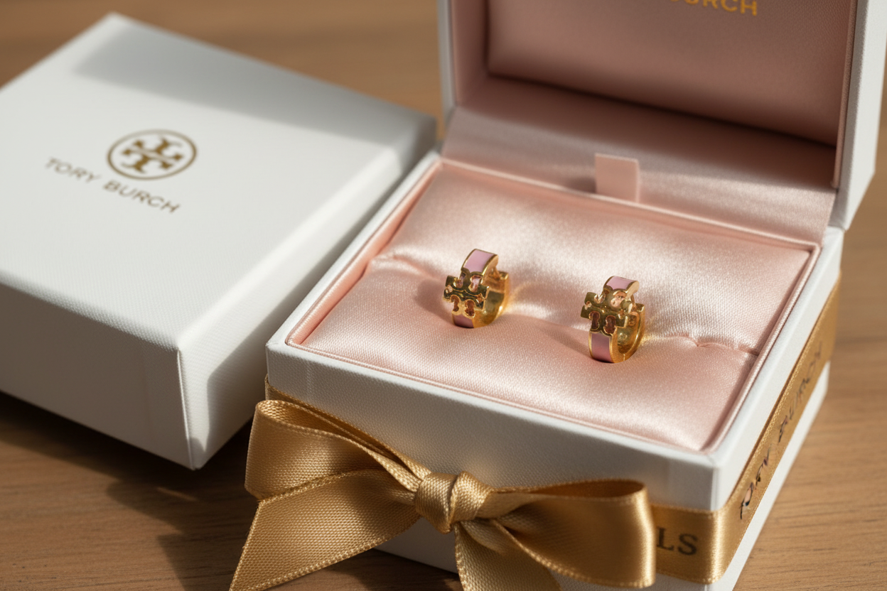Tory Burch Kira Enamel Huggie Earrings in Gold/Mineral Pink - blush satin gift box