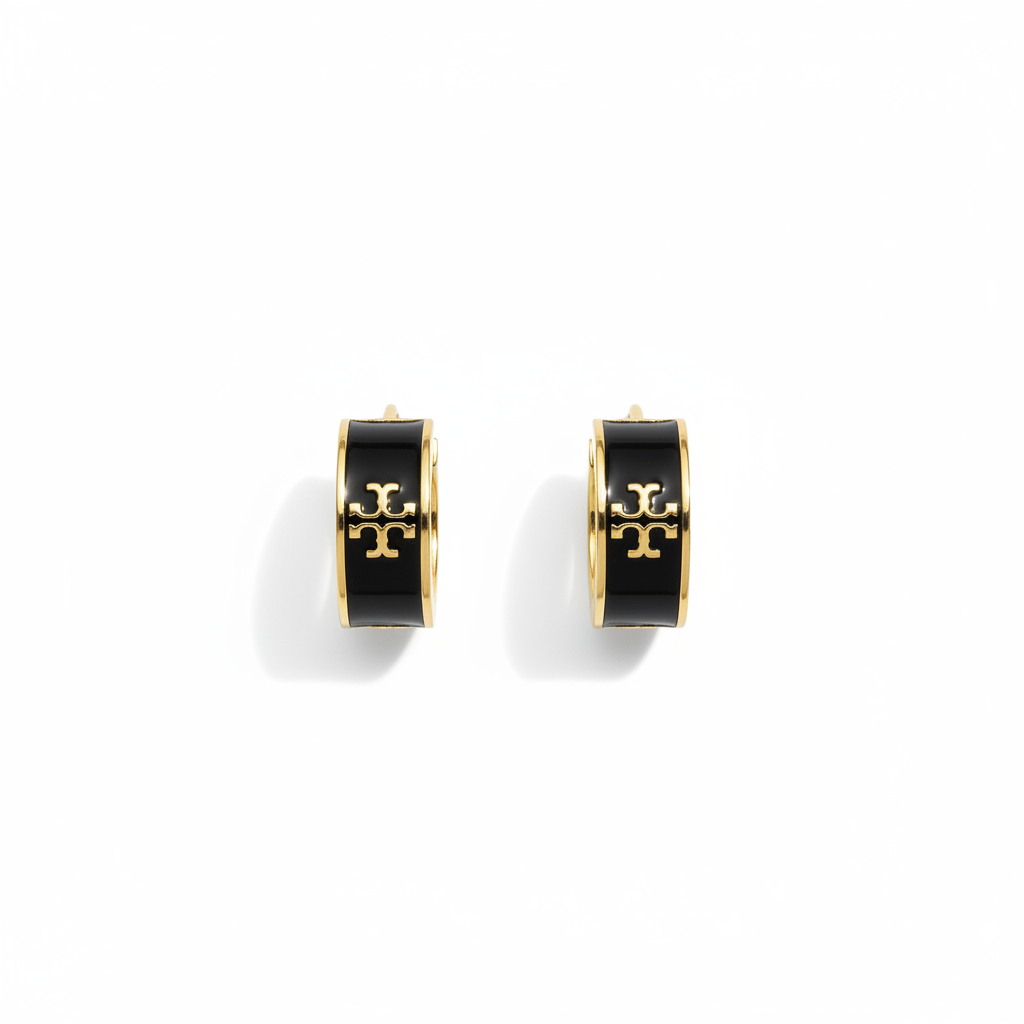 Tory Burch Icon Enamel Huggie Earrings in Black