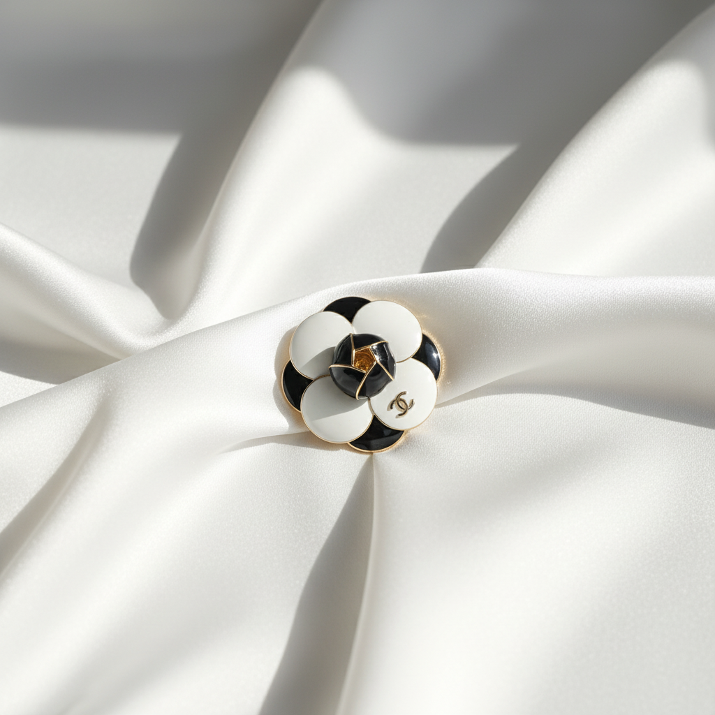 Chanel Camellia Flower Brooch - Lifestyle flat lay on white silk scarf