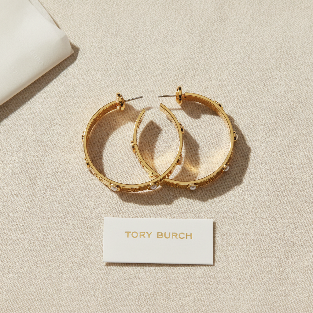 Tory Burch Gold T-Pierced Logo Pearl Hoop Earrings - cream linen flat lay