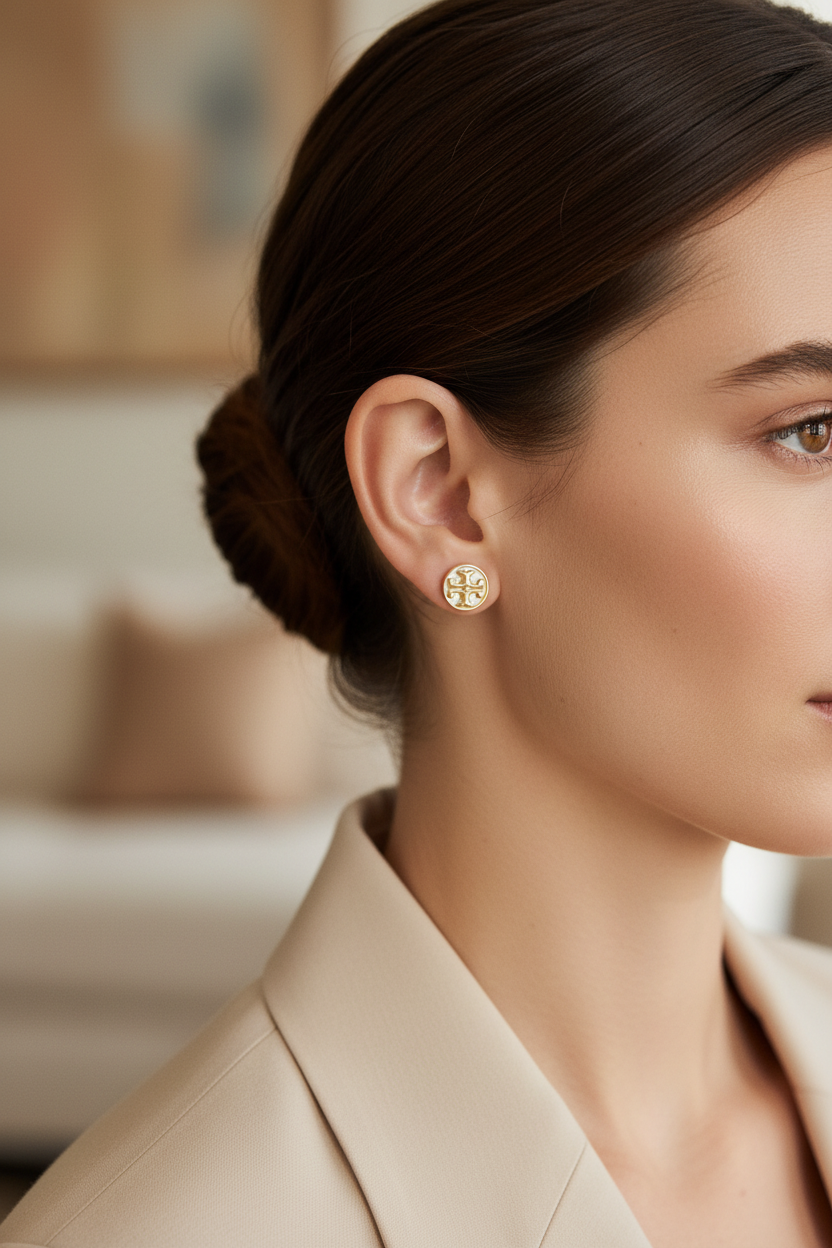 Tory Burch Kira Icon Stud Earrings with Mother of Pearl worn on ear