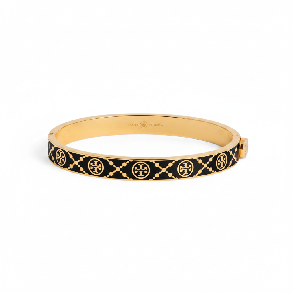 Tory Burch Double T Monogram Hinge Bangle Tory Gold Black Enamel - clean white background flat lay