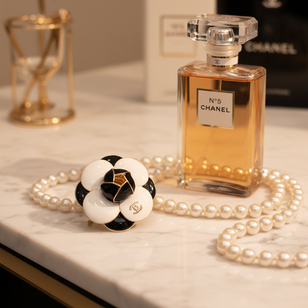 Chanel Camellia Flower Brooch - Marble surface editorial