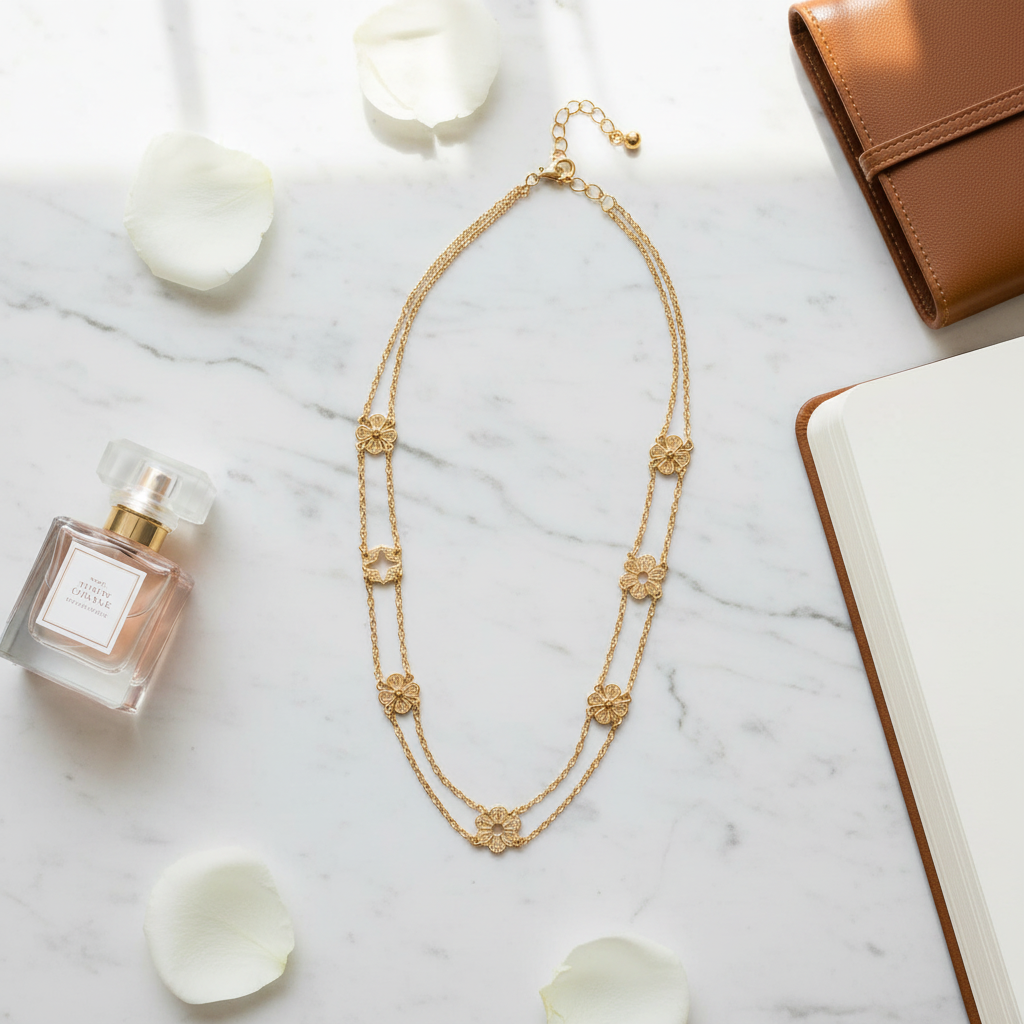 Tory Burch Double-Chain Layer Charm Necklace - White Marble Flat Lay