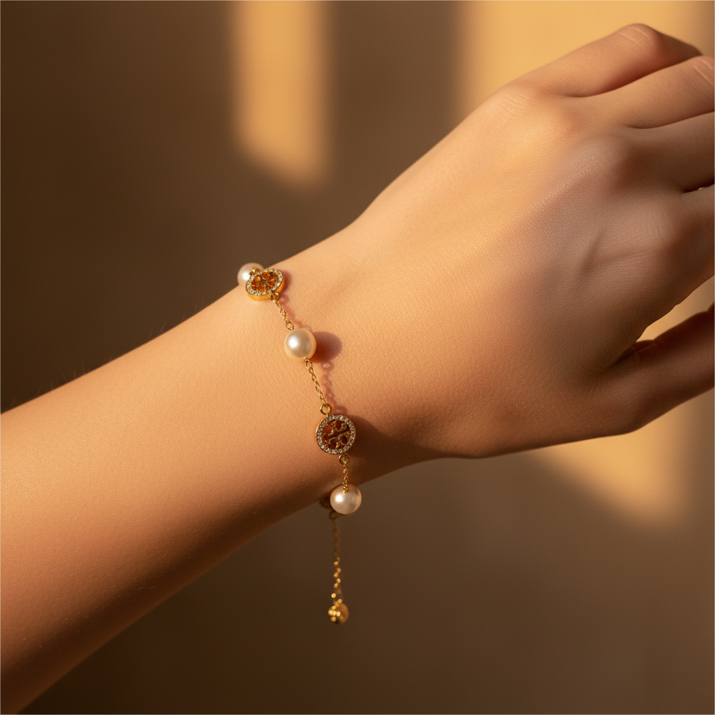 Tory Burch Miller Pavé Crystal Logo and Pearl Bracelet - model wrist shot