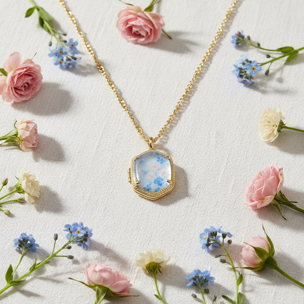 Kendra Scott x LoveShack Fancy Daphne Gold Locket Necklace – floral flat lay