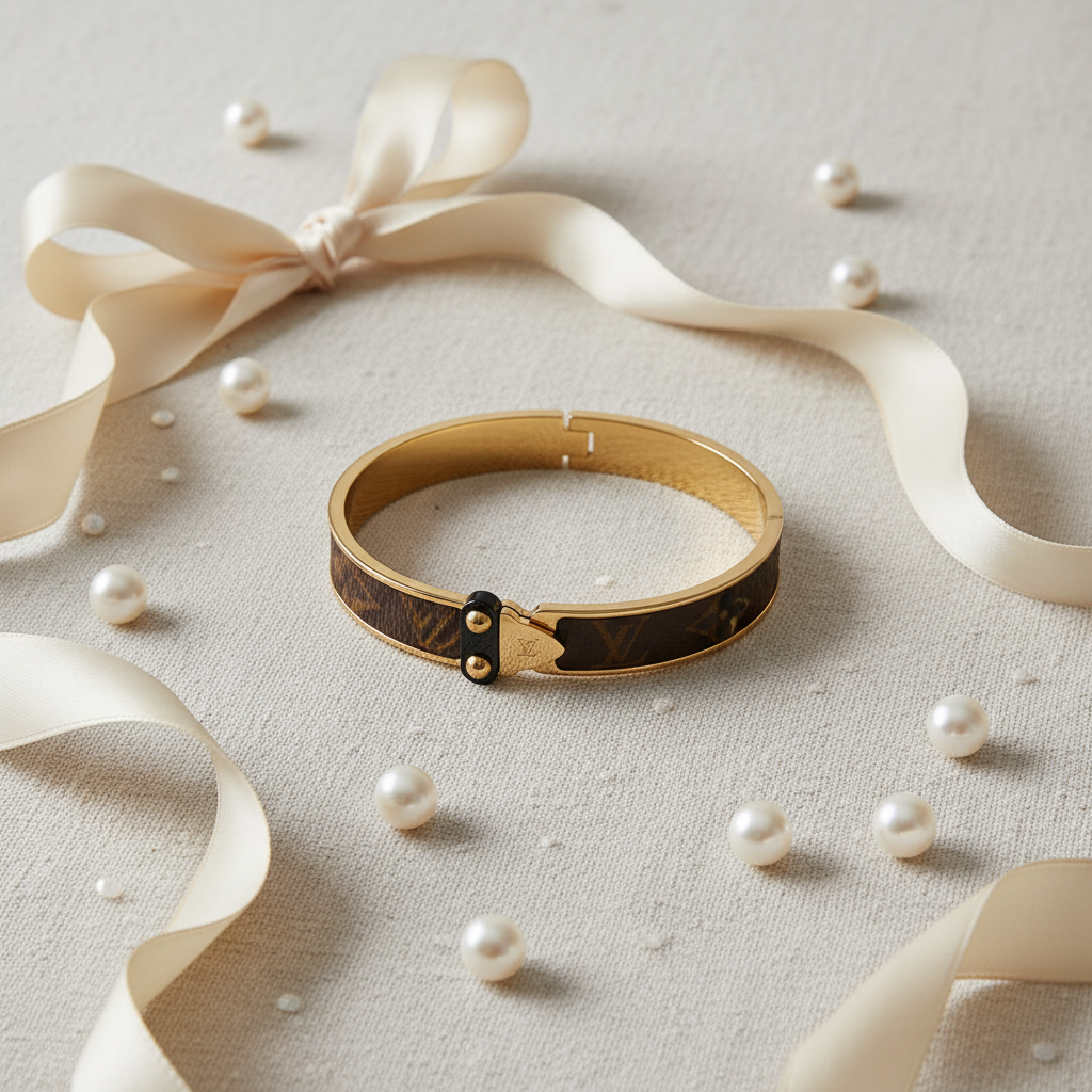 LV Monogram Bangle flat lay with silk and pearls