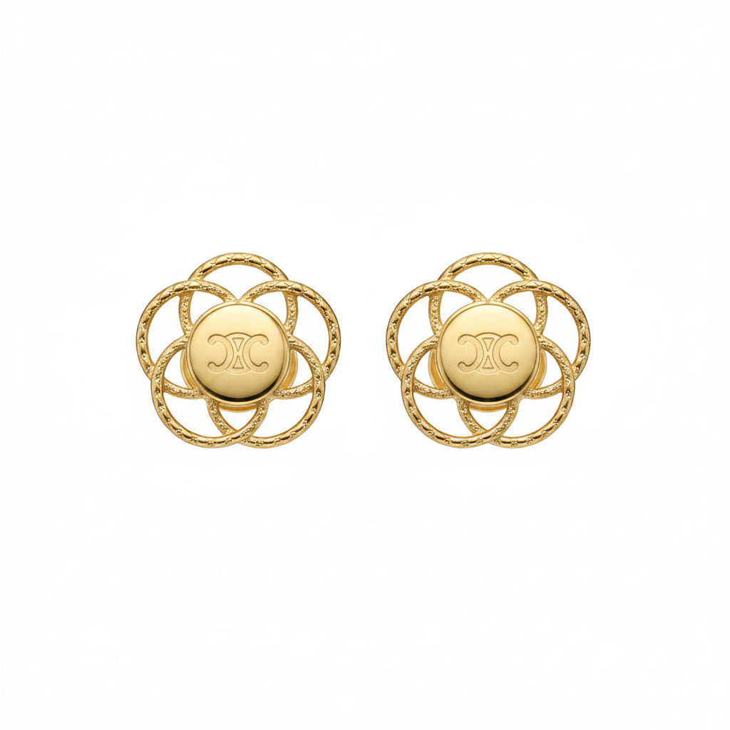 Celine Triomphe Brass Over Gold Floral Stud Earrings