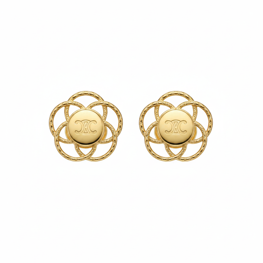 Celine Triomphe Brass Over Gold Floral Stud Earrings