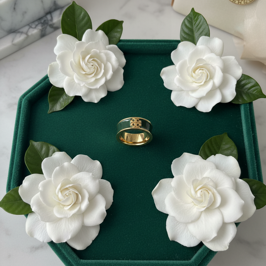 Tory Burch Kira Green & Gold Enamel Ring - green velvet tray