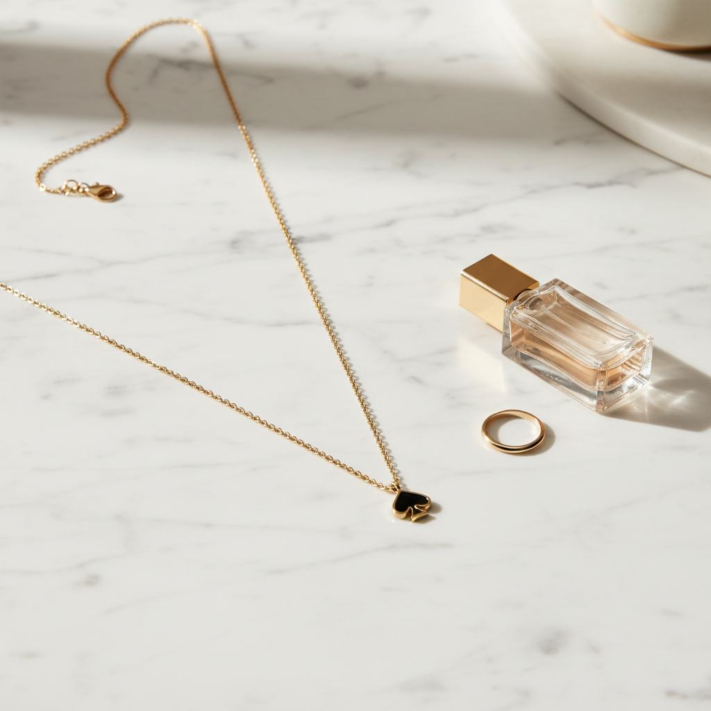 Kate Spade spade pendant necklace styled flat lay