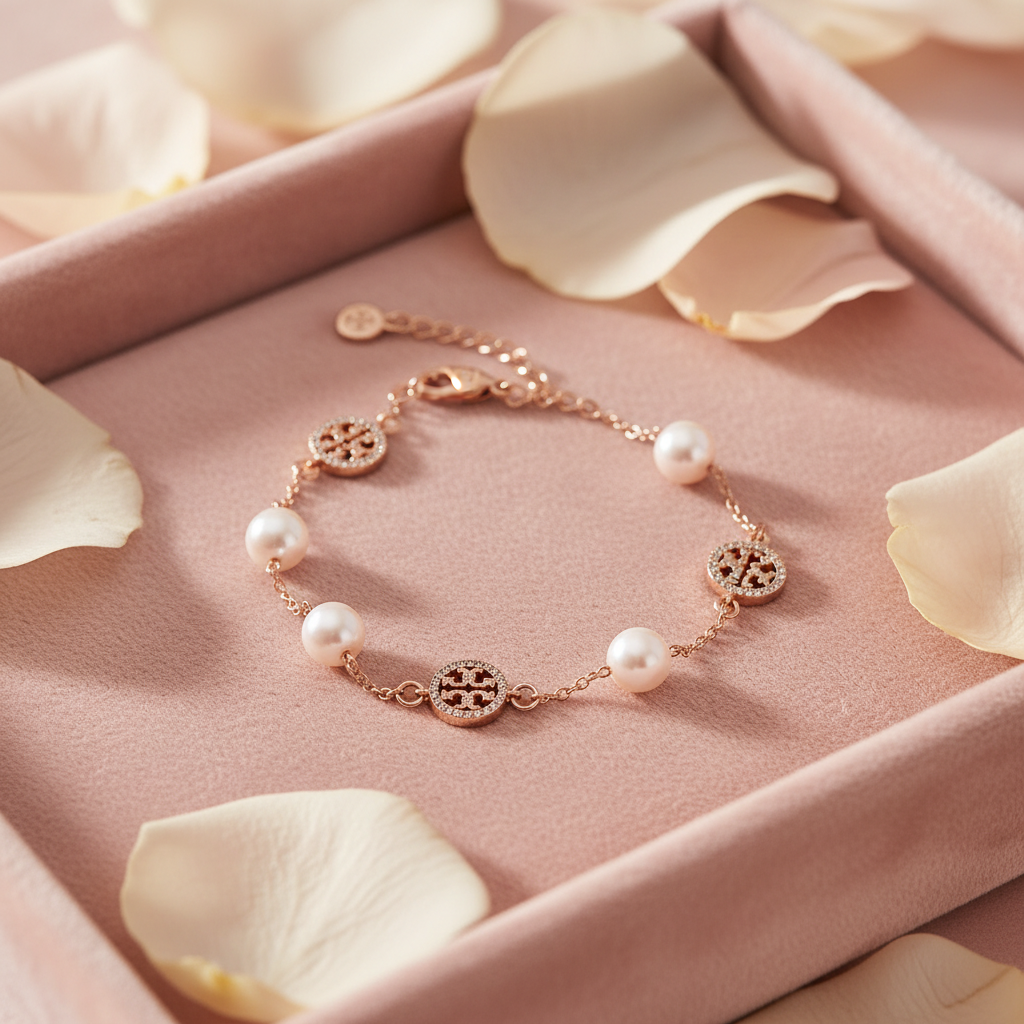 Tory Burch Icon Chain Bracelet on velvet tray