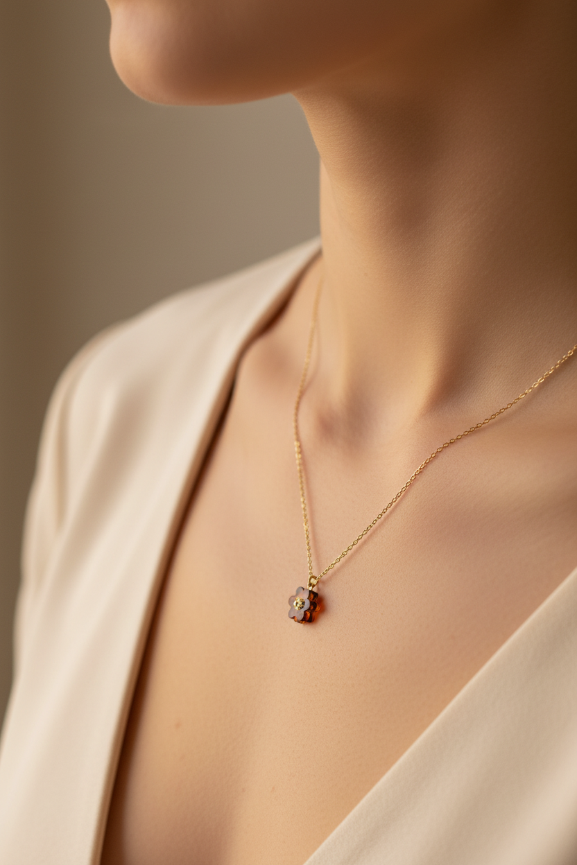 Tory Burch tortoiseshell resin flower pendant necklace worn on collarbone