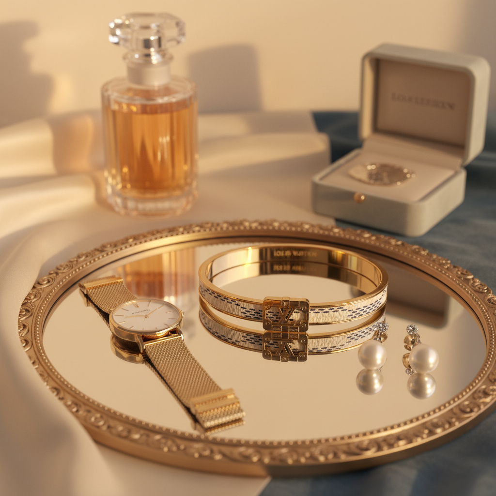 LV Damier Azur Bangle vanity tray scene with luxury watch and pearls