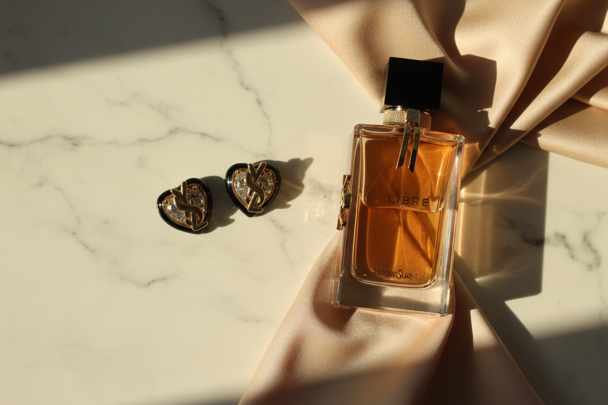 Yves Saint Laurent Logo Crystal Heart Earrings marble flat lay