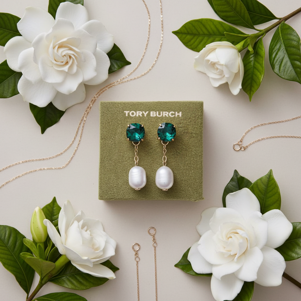 Tory Burch Crystal Pearl Drop Earrings - sage velvet tray