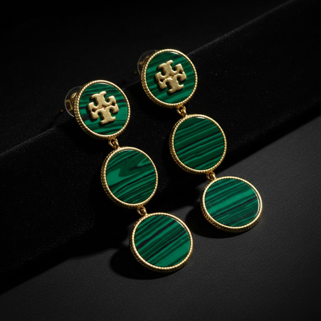 Tory Burch Malachite Dangle Earrings moody close-up detail shot