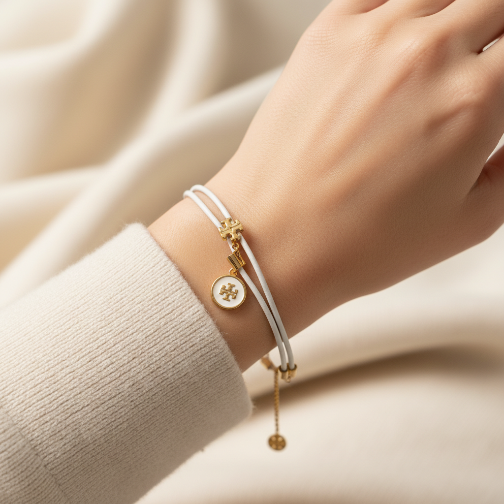 Tory Burch White Enamel Slider Bracelet worn on wrist