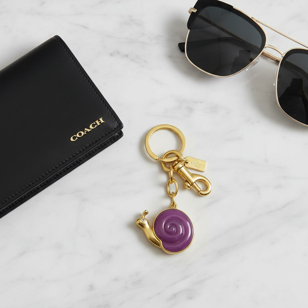 Coach Snail Bag Charm on marble surface with accessories