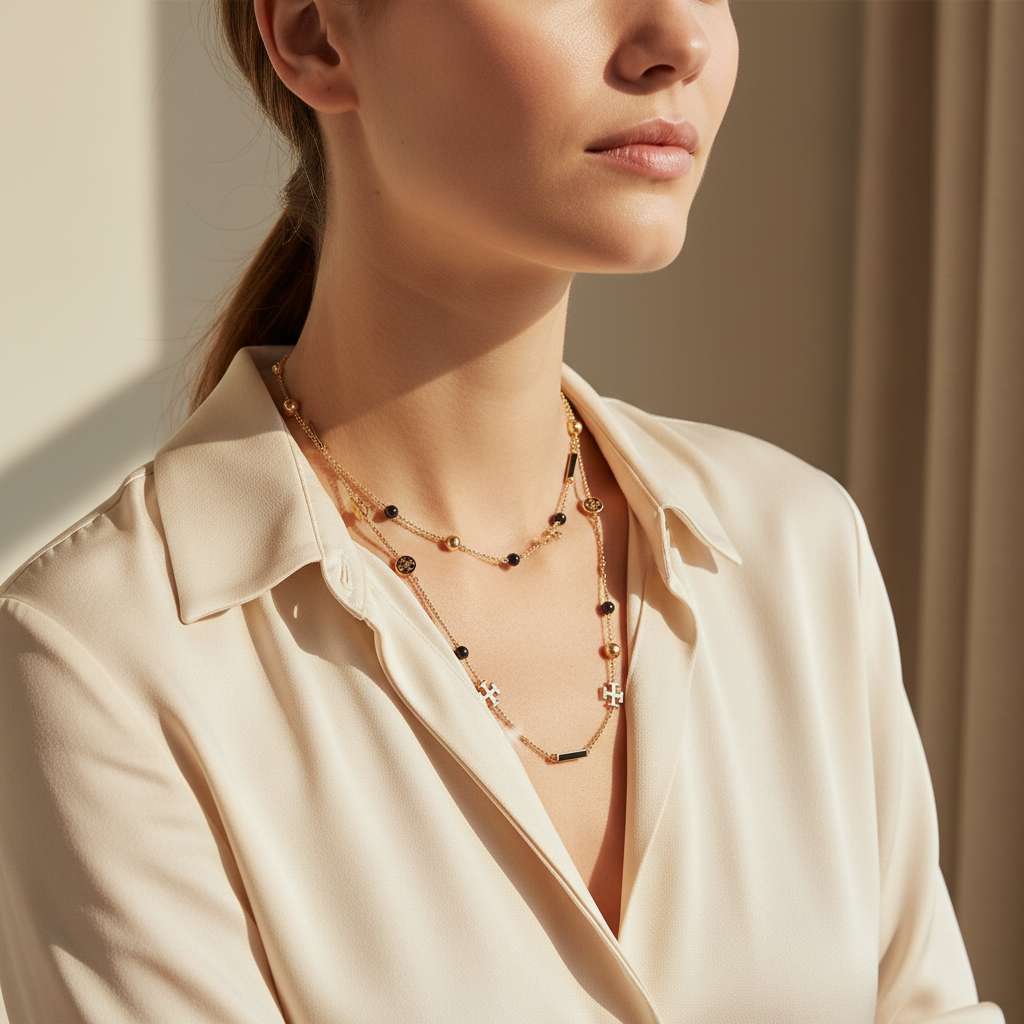 Tory Burch Kira Scattered Rosary Necklace in Tory Gold / Black – lifestyle on neckline