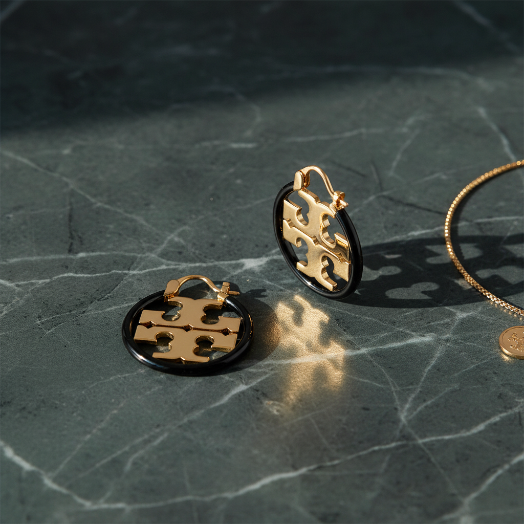 Tory Burch Miller Small Black Enamel Hoop Earrings - marble flat lay